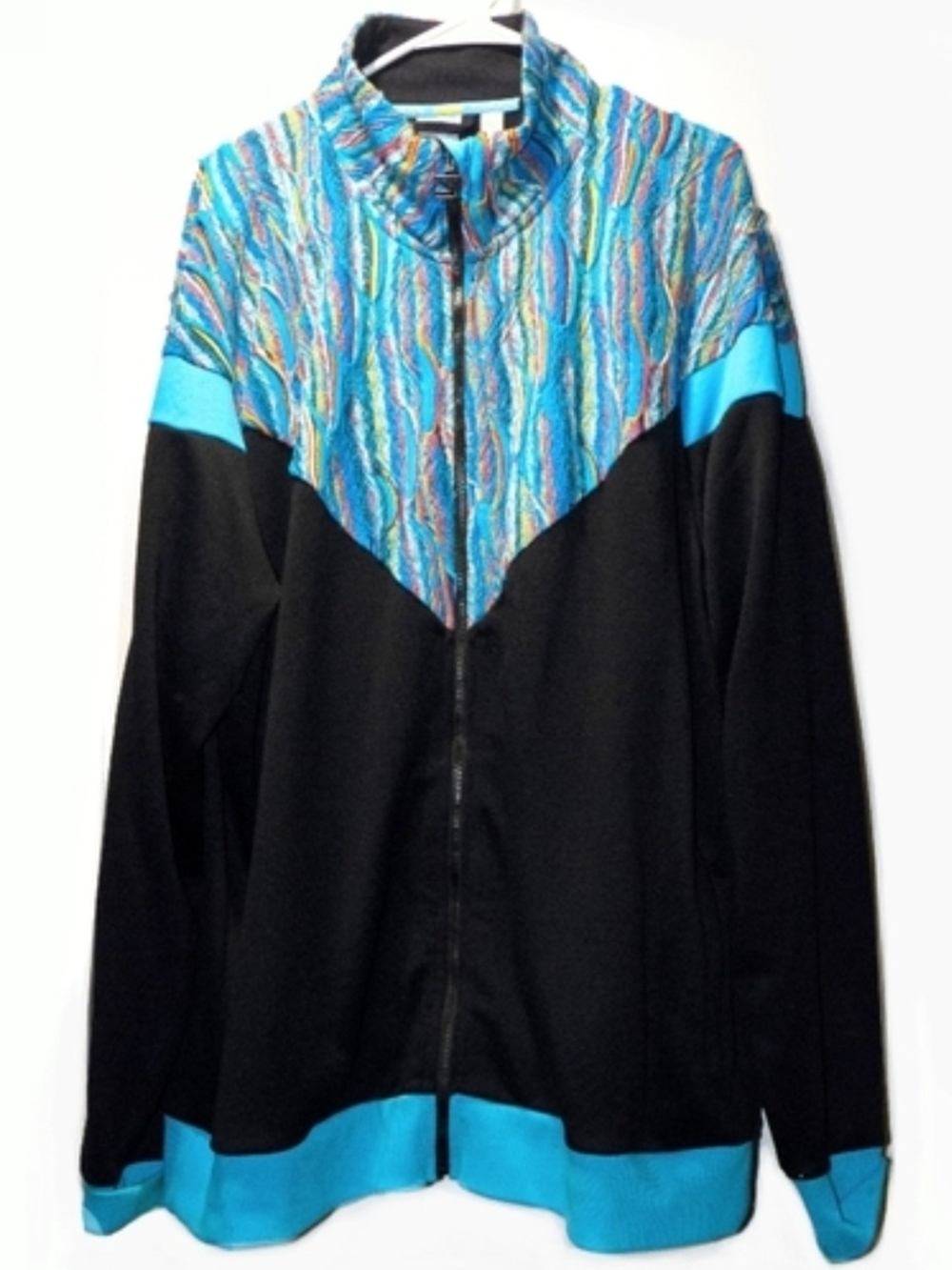 Men's Black Windbreaker with Turquoise Patterned Yoke